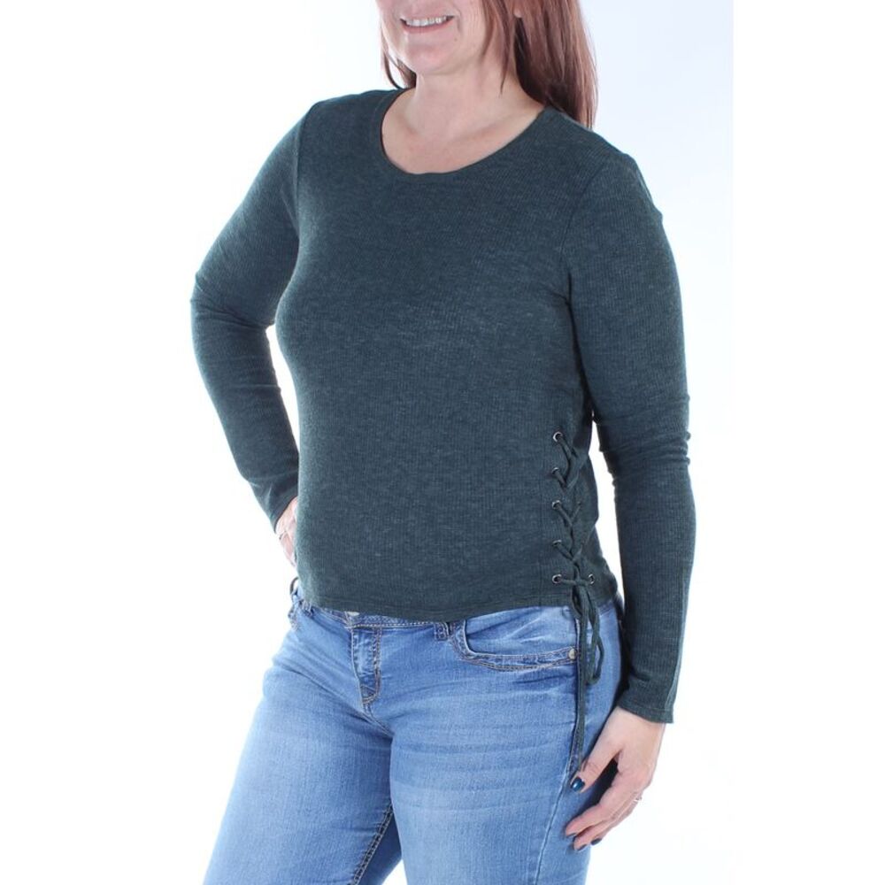 CHELSEA SKY Womens Green Tie Long Sleeve Jewel Neck Top Size: L